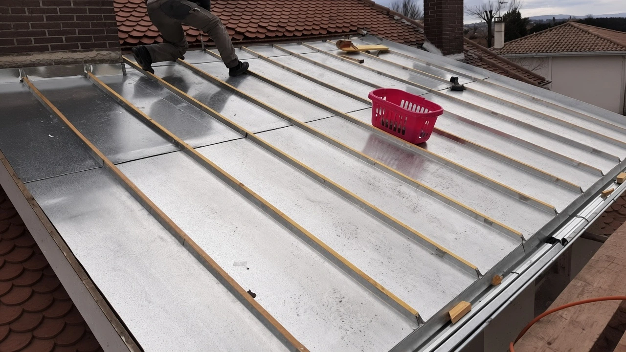 Chantier de zinguerie : pose de toiture en zinc et tasseaux.