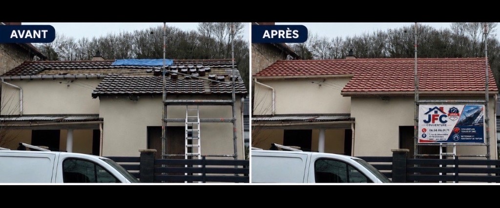Avant et après d'une rénovation de couverture réalisée par JFC Couverture
