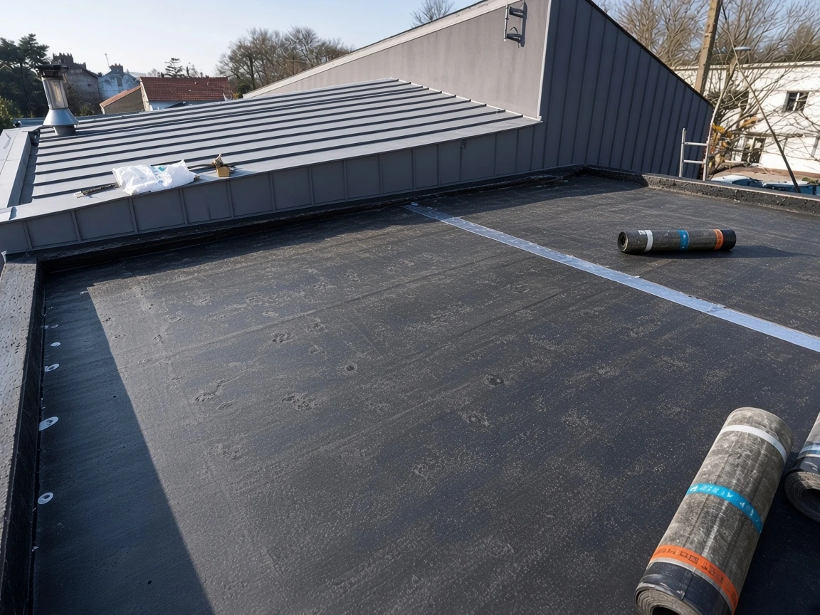 Pose de membrane d'étanchéité sur toiture terrasse.